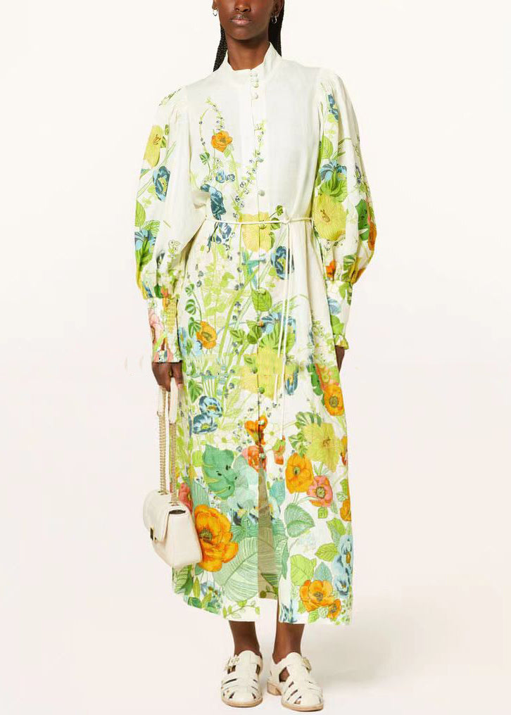 Green Print Pockets Tie Waist Cotton Shirts Dresses Fall