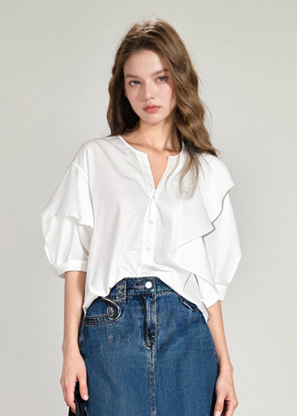 French White V Neck Ruffled Cotton Shirts Top Summer