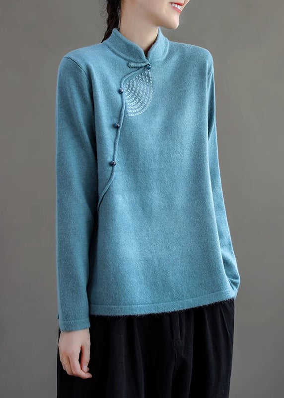 Retro Peacock Blue Stand Collar Knit Sweater Spring