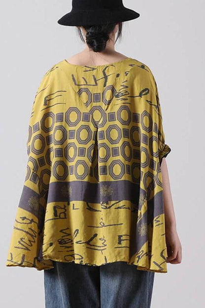 Stitching Print Split O Neck Loose T-shirt