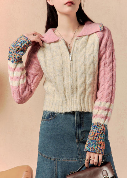 Pink Zip Up Patchwork Knit Sweaters Winter