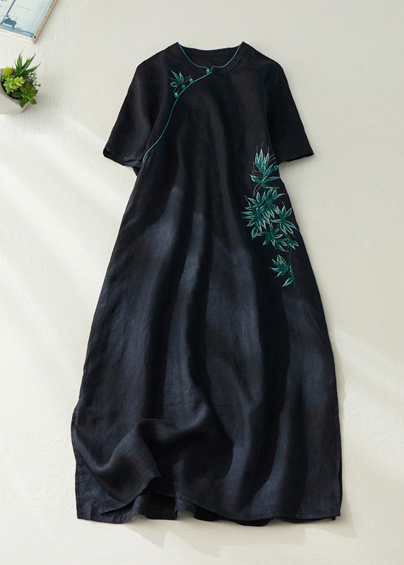 Red Embroidered Side Open Long Dress Short Sleeve