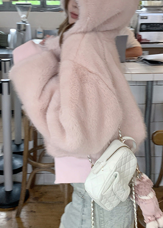 Pink Pockets Patchwork Fuzzy Fur Fluffy Hooded Parka Coats Winter