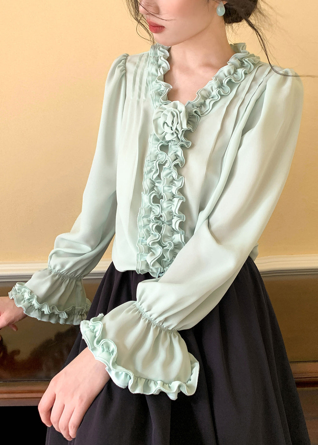 Mint Green Chiffon Blouses V Neck Spring