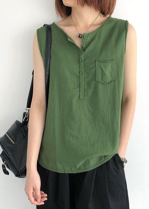 Modern Green O-neck Linen Tops Sleeveless