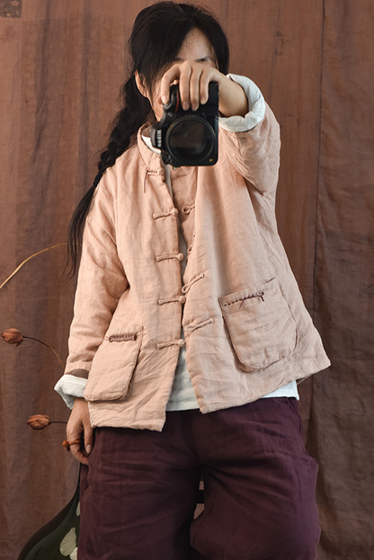 Diy Retro Buckle Cotton Linen Coat Ramie Short Cotton Coat
