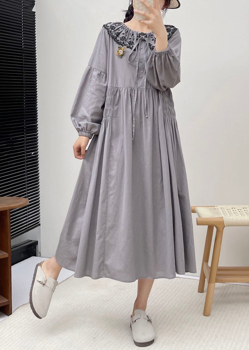 Simple Grey Peter Pan Collar Patchwork Wrinkled Vacation Long Dresses Long Sleeve