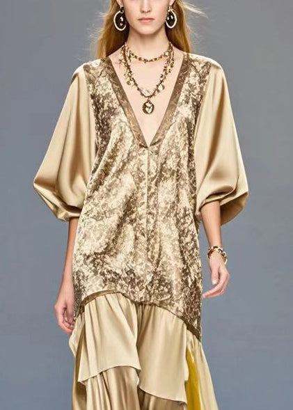 Golden V Neck Patchwork Print Silk Dress Summer