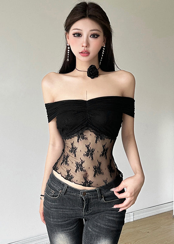 White Cold Shoulder Lace Patchwork Sheer Top Summer