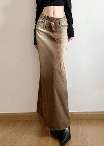 Light Brown Asymmetrical Side Open Denim Skirt Fall