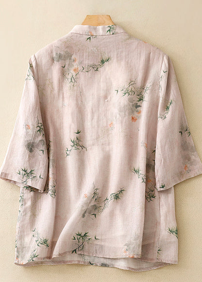 Versatile Pink Stand Collar Print Cotton Shirts Summer