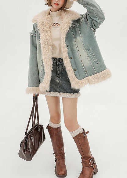 Oversized Patchwork Faux Fur Fine Cotton Filled Denim Coats Winter