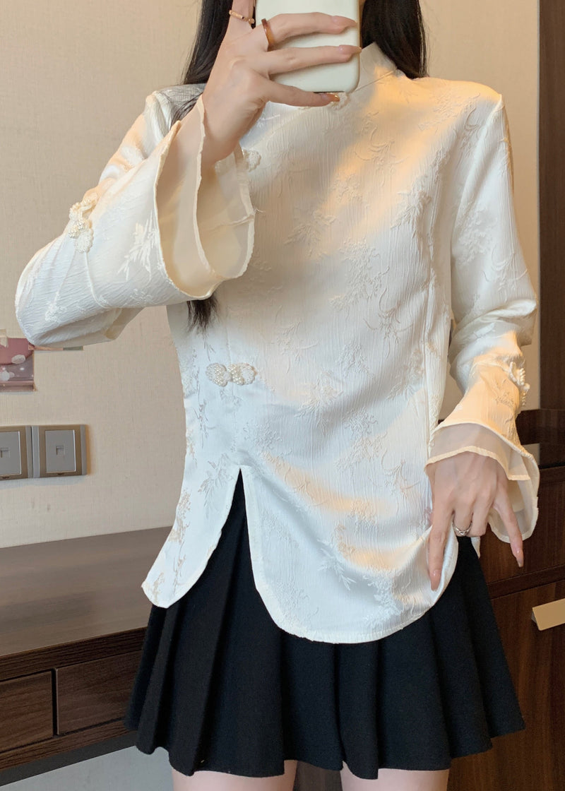 Apricot Stand Collar Jacquard Oriental Button Cotton Top Fall
