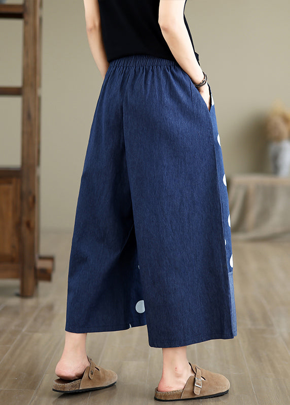 Blue Asymmetrical Patchwork Dot Print Pockets Wide Leg Pants Summer