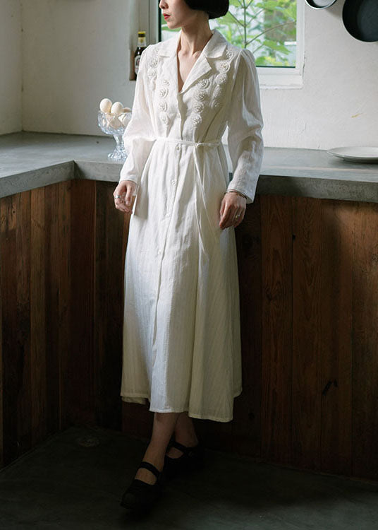White Peter Pan Collar Tie Waist Cotton Dress Fall