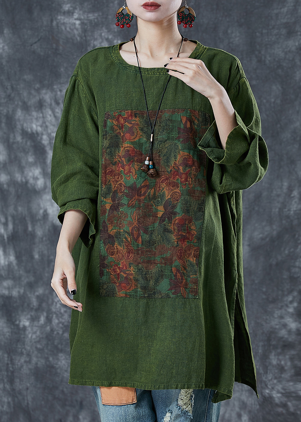 Green Print Linen Sweatshirts Top Oversized Fall