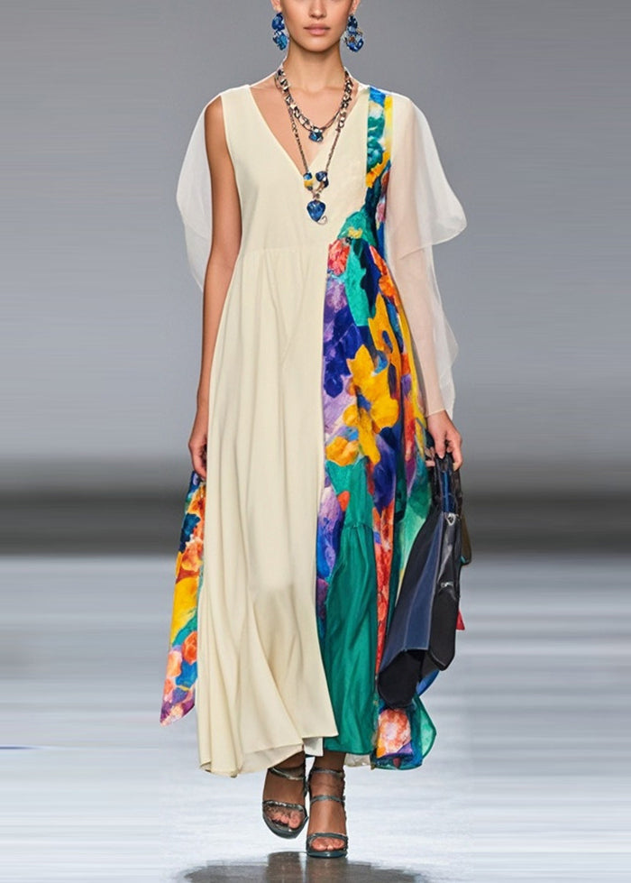 White Asymmetrical Patchwork Chiffon Long Dress Summer
