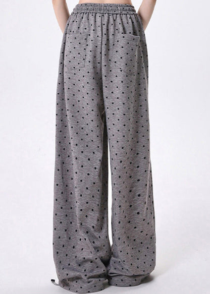 Grey Dot Bow Lace Patchwork Cotton Wide Leg Pants Spring
