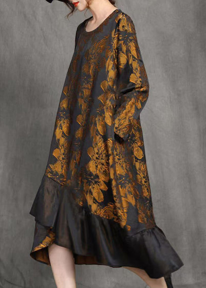 Loose Yellow O-neck Print Patchwork Long Dress Spring