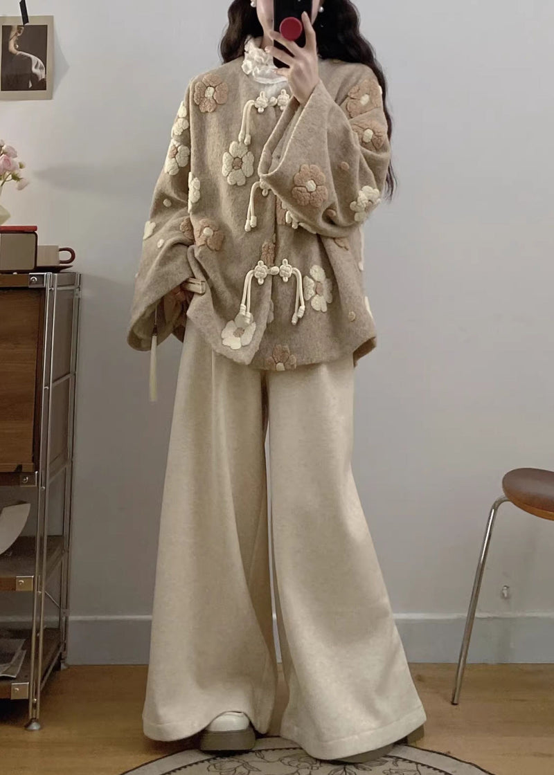 Apricot Chinese Button Coat and Wide Leg Pants Woolen Two Pieces Set Fall