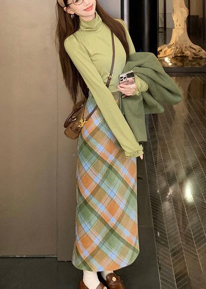 Green Pockets Woolen Coats ,top and Long Dress Three Piece Set Long Sleeve