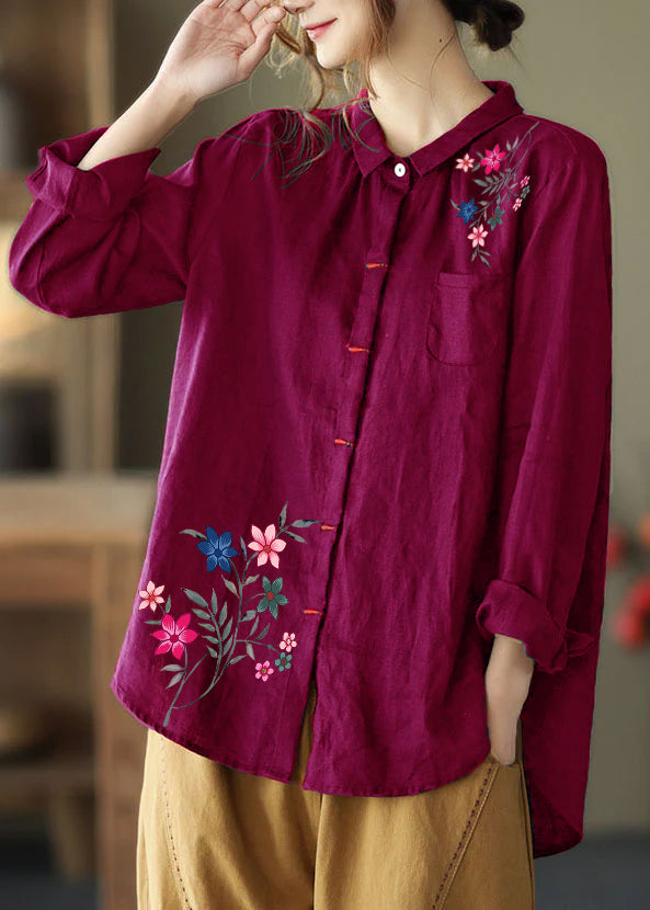 Black Patchwork Linen Shirt Peter Pan Collar Embroidered Spring