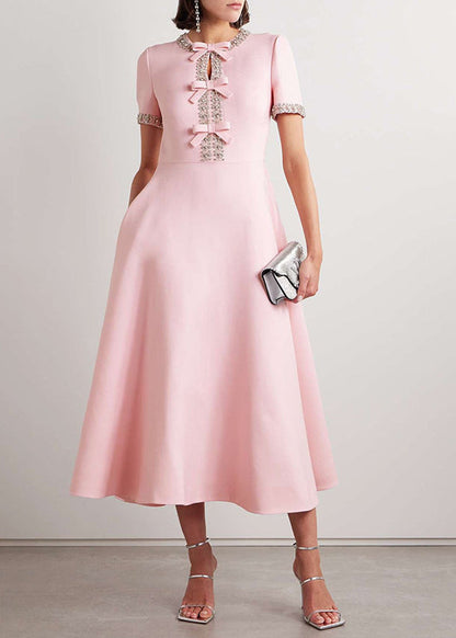Pink O Neck Zircon Bow Cotton Long Dress Summer