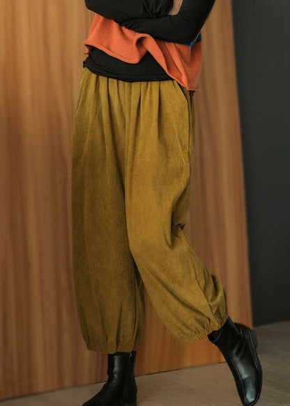 Yellow Elastic Waist Corduroy Harem Pants Fall