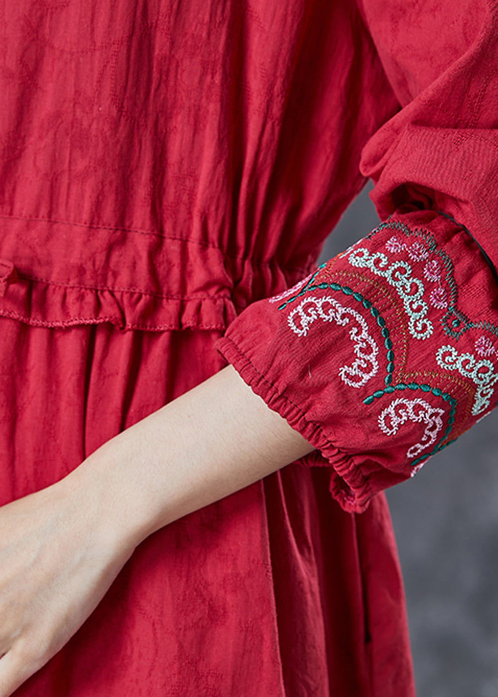 Red Embroidered Jacquard Cotton Cinched Dresses Fall