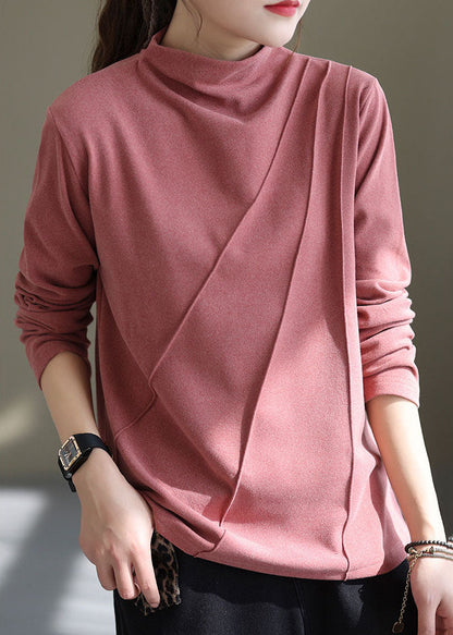 Pink High Neck Wrinkled Velour Shirt Winter