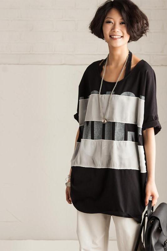 White/black/gray Organic Big Letter T-shirt Causel Matching Blouse Outfits