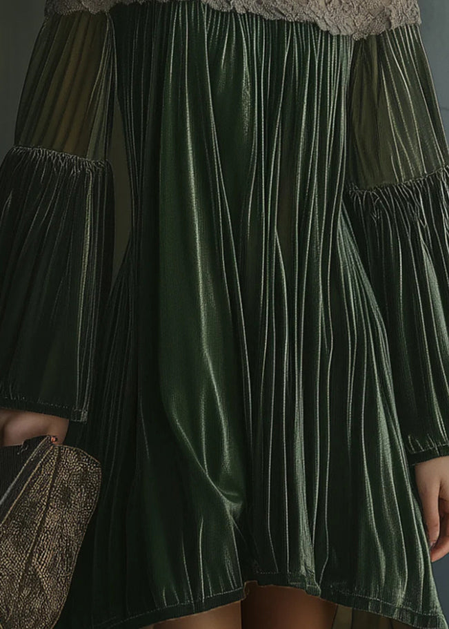 Stylish Green Slash Neck Lace Wrinkled Patchwork Velvet Dress Fall