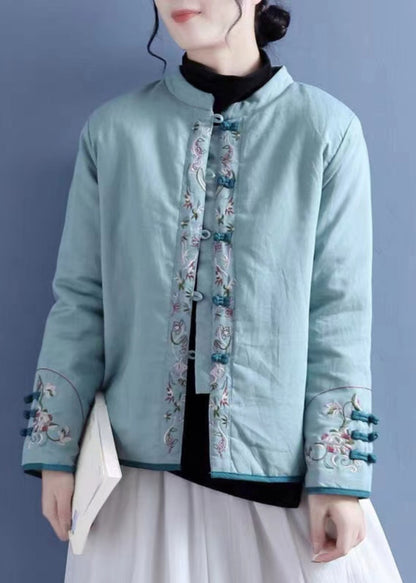 Orange Embroidered Button Cotton Filled Coats Winter