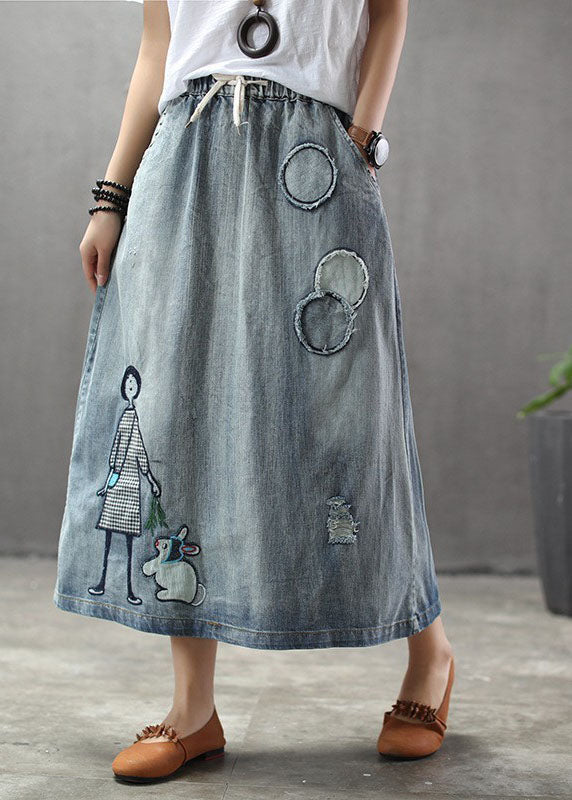 Light Blue Elastic Waist Patchwork Cartoon Embroidered Tulle Denim Skirts Spring