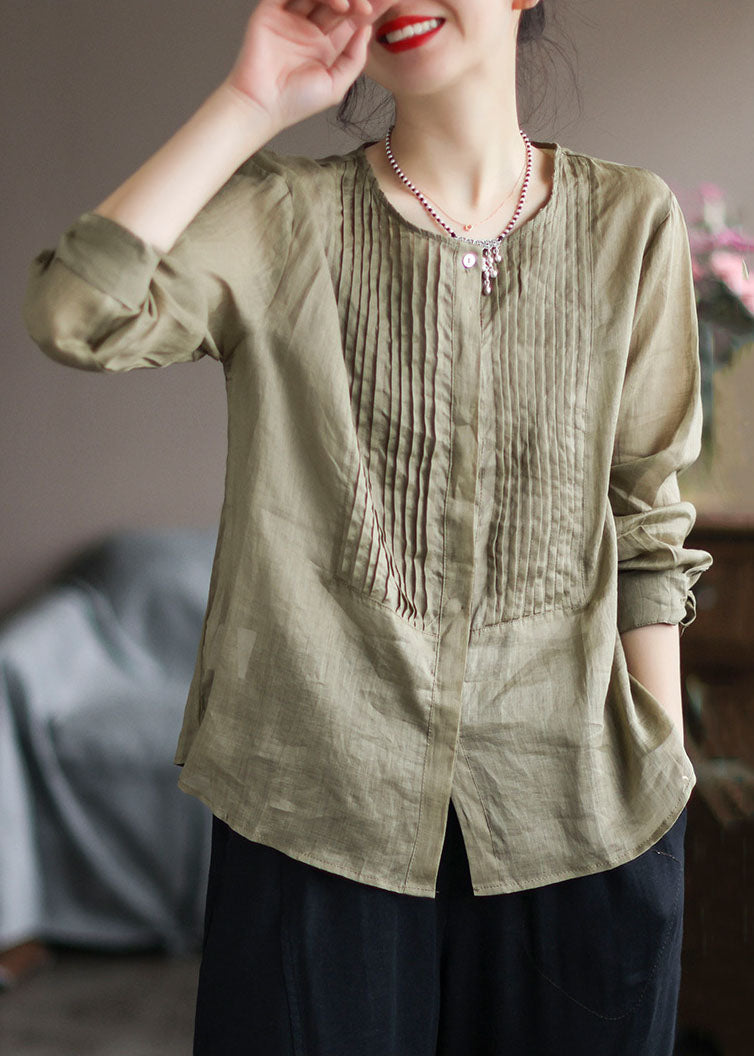 Army Green Wrinkled Patchwork Linen Shirt Top Spring