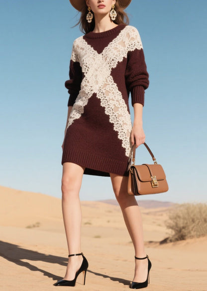 Mulberry Hollow Out Patchwork Lace Sweater Dress Winter