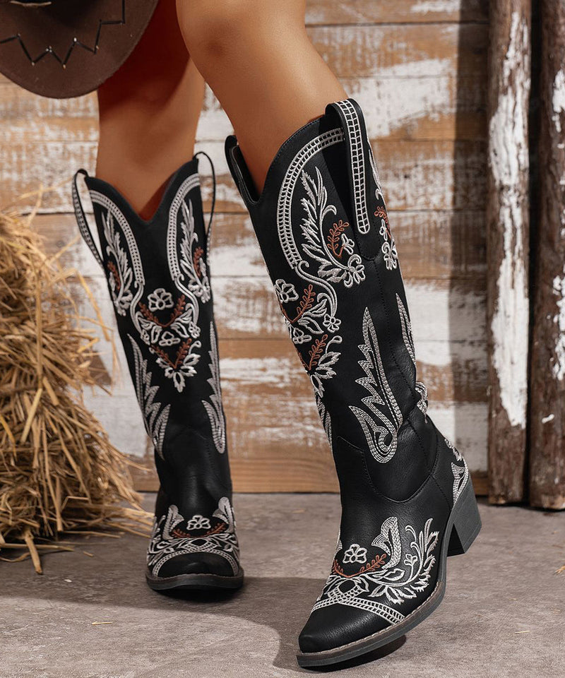 Black Splicing Faux Leather Chunky Boots Embossed