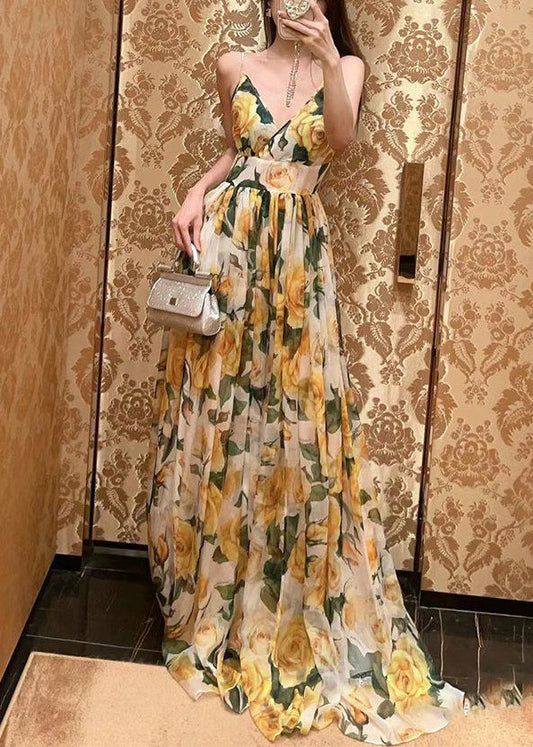 Yellow V Neck Print Chiffon Spaghetti Strap Dress Sleeveless