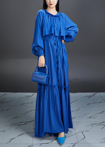 Blue Ruffled Tie Waist Cotton Maxi Dress Fall