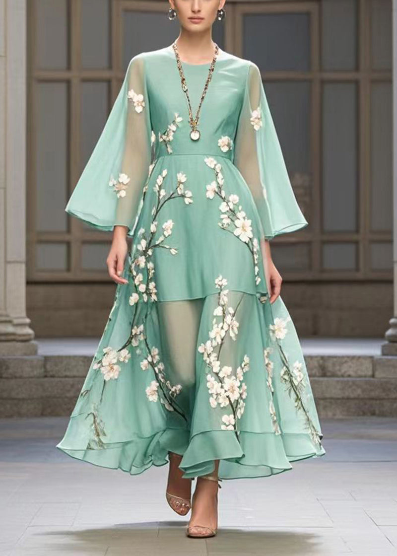 Lake Green Plum Blossom Print Chiffon Party Dress Fall