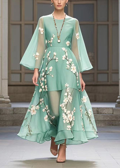 Lake Green Plum Blossom Print Chiffon Party Dress Fall