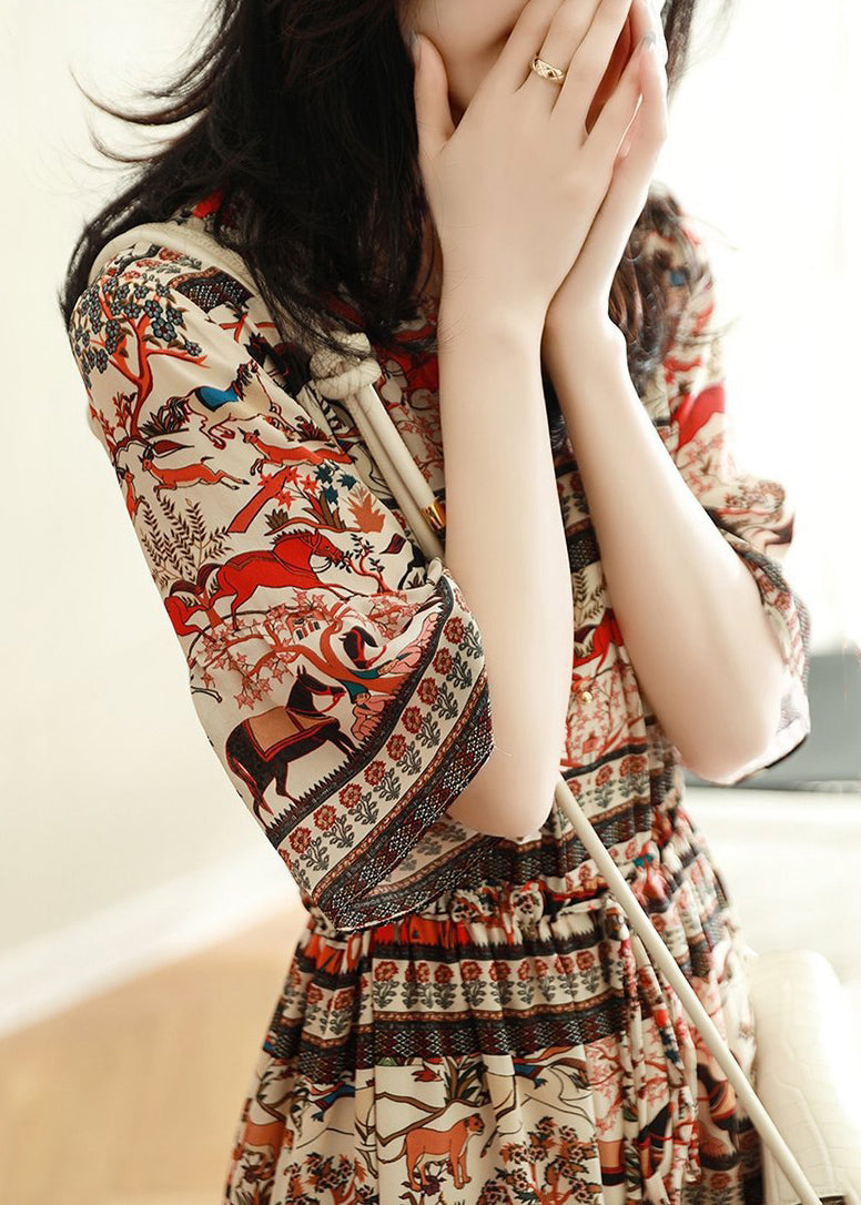 V Neck Print Chiffon Dress Flare Sleeve