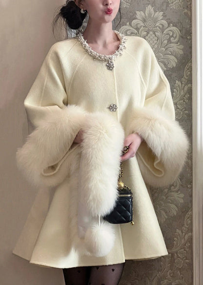 Beige Fur Collar Nail Bead Patchwork Woolen Trench Winter