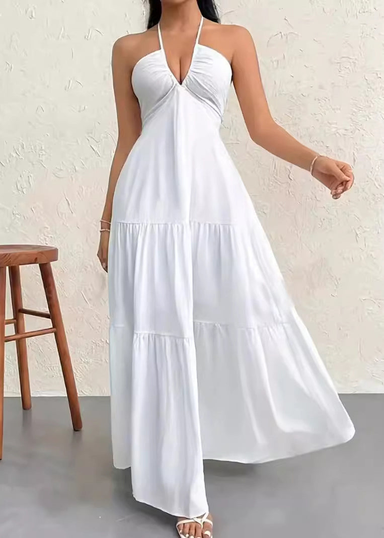 White Wrinkled Patchwork Cotton Halter Dress Sleeveless