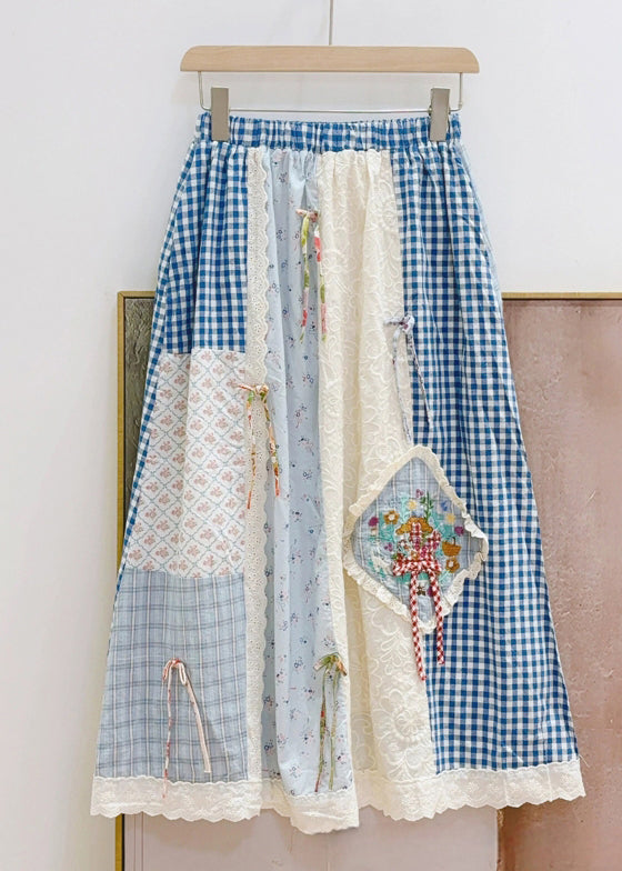 Red Plaid Elastic Waist Patchwork Cotton Skirts Spring
