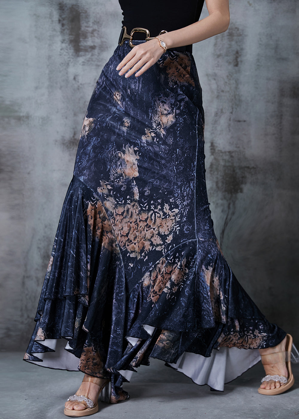 Black Asymmetrical Patchwork Print Wraped Skirts Fall
