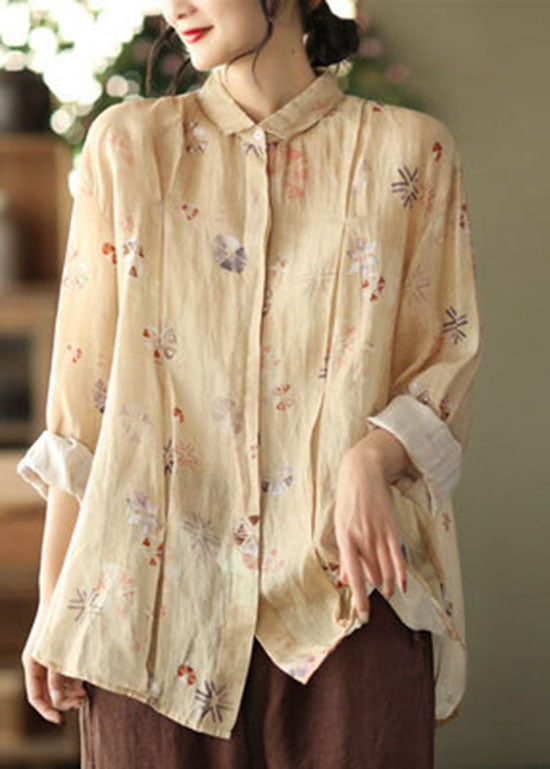 Light Green Button Peter Pan Collar Linen Blouses Spring