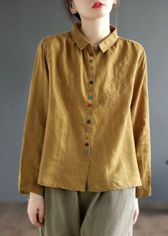 Style Green Embroidered Patchwork Linen Shirts Spring