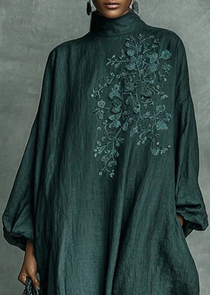 Green Hign Neck Print Pockets Cotton Dress Fall