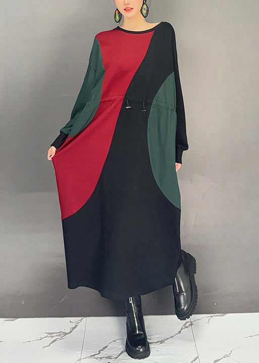 Colorblock O Neck Drawstring Cotton Dress Fall